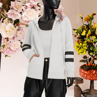 Sweat-shirt à capuche zippé blanc pour femme avec rayures noires sur les manches, veste décontractée en tricot à manches longues, respirante, pour l'automne