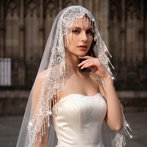 YouLaPan Velo de <span class=keywords><strong>mantilla</strong></span> victoriano con gotas de cristal colgantes, sin peine, accesorio de boda vintage para ceremonia en iglesia V395 - Product Image 2