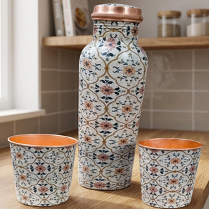 Floral Pattern Copper Water Bottle Set with Two Cups Portable <b>Drinkware</b> for Home and Travel - Indian Home Crafts - Product Image 1