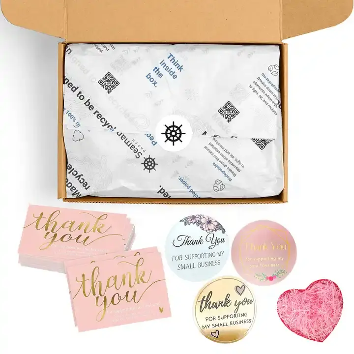 Impreso personalizado pequeña empresa papel tisú estampador pegatina bolsas de regalo caja de embalaje con tarjeta de agradecimiento