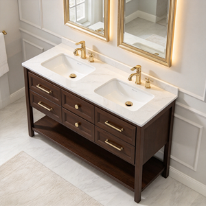 Dark <b>Wood</b> <b>Bathroom</b> Vanity Double Sink <b>Cabinet</b> Floor Standing with Drawers Open Shelf White Countertop - Product Image 4