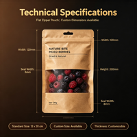 Op maat gemaakte zak met gusset en ritssluiting, van kraftpapier met transparant venster, hoge barrière, hersluitbaar, food grade, voor gedroogd fruit, 120g