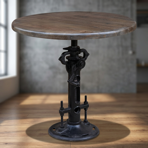 Tabouret rond en fonte métallique industrielle avec hauteur réglable, finition noire rouillée, assise en bois pour usage extérieur et intérieur - Product Image 3