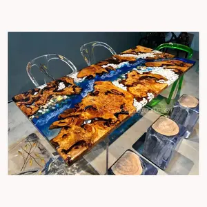 Tavolo in resina lastra di legno stile oceano con tavolo da pranzo in resina epossidica blu trasparente intarsiato in pietra