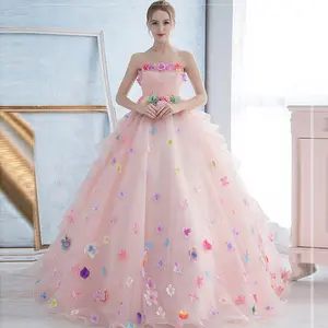 Rücken lose träger lose 3D-Blumen Ballkleid Rüschen Party Abendkleid Rosa Prinzessin Prom Quince anera Kleider