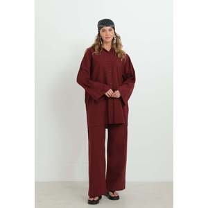 LOREEN Women's Burgundy Button Detail Oversize Shirt & <b>Trousers</b> Set, Two-Piece Casual Long Sleeve Outfit, Model 20694TKS - Product Image 1