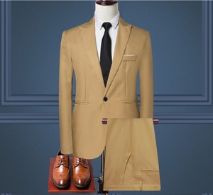 China-Made <strong>Khaki</strong> Men's Business <strong>Suit</strong> 2pcs Set (Coat &amp; Pants) Single Breasted With Zipper Closure Men's Fabric <strong>Suit</strong> for Adults - Product Image 2