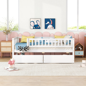 Cama de Día Doble de Madera con Dos Cajones, Cama Infantil Blanca con Almacenamiento - Product Image 2