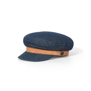 Navy Hoed Vintage Baret Winter Fashion Cap Britse Hoed Denim Krantenjongen Hoed Achthoekige Pet Met Touw