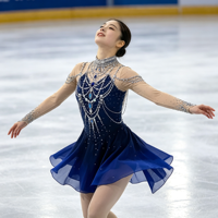 Robe de patinage artistique bleu marine à col montant et dos ouvert, ornée de strass et de mailles, pour concours de danse sur glace