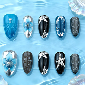 Lot de 30 faux <span class=keywords><strong>ongles</strong></span> Y2K en amande à presser, <span class=keywords><strong>bleu</strong></span> noir métallisé, fleurs 3D et perles, faits à la main pour festivals, fêtes et Halloween - Product Image 3