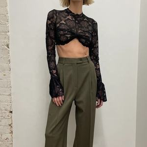 King Mcgreen Star Newest Trendy Streetwear Sexy Floral Long Sleeve Women Crop <strong>Top</strong> Ladies <strong>See</strong> <strong>Though</strong> Sheer Short Lace Shirt <strong>Top</strong> - Product Image 2