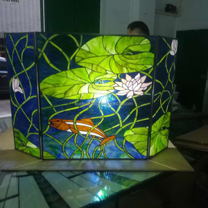 Cathedral Stained Glass Fireplace <b>Screen</b> 3 Panels Pond Lily Design Traditional Decor Rectangle Shape Artistic Decoration - Product Image 4