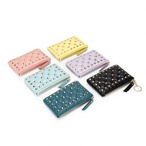 Portefeuille mini en cuir de vachette pour femme avec fermeture éclair, rivets et pendentif étoile, idéal pour filles et femmes - Grande Vente - Product Image 1