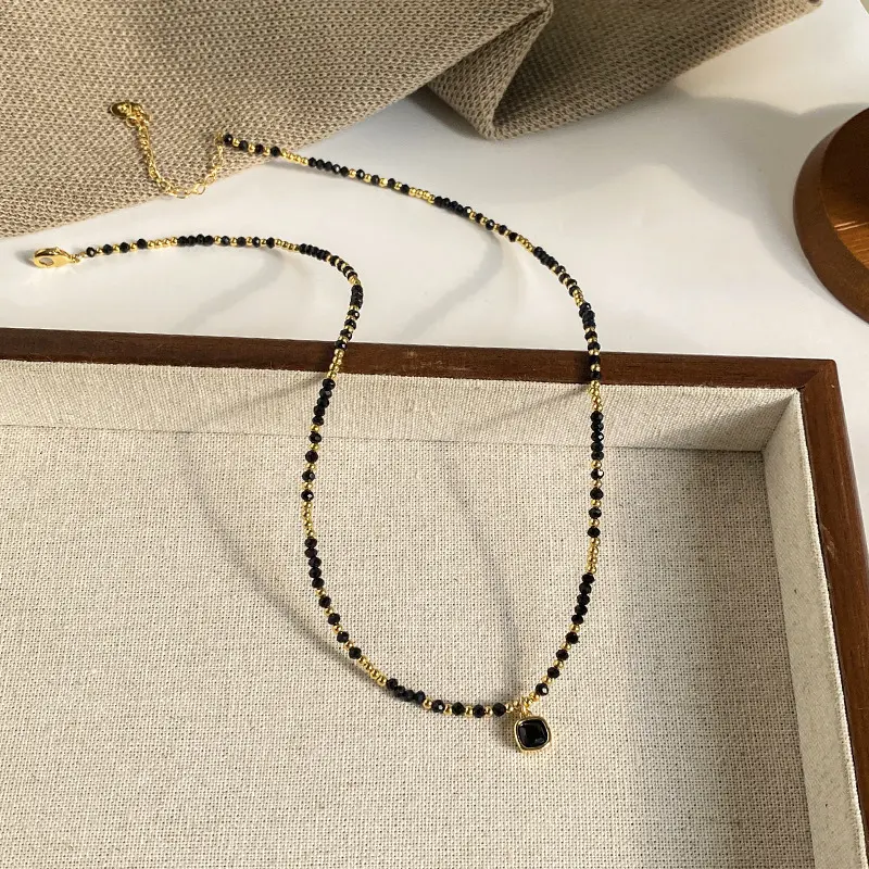 قلادة من الخرز الطبيعي والحجر المنسوج ذات الطراز الإثني، مجوهرات بوهو العصرية، قلادة من الخرز الأسود العقيق 2 ملم، قلادة من خرز الأرز للنساء