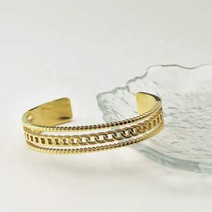 18K Gold Plated Stainless Steel Jewelry Chain <strong>Bead</strong> Three Layer Open Cuff Hollow Wide Bangle Accessories <strong>Bracelet</strong> B222275 - Product Image 4