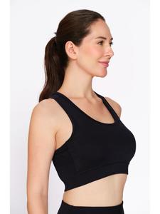 Sujetador Deportivo Negro de Poliéster para Mujer Munns & Mars, Ropa Deportiva Sólida con Relleno Extraíble y Costuras Antideslizantes - Product Image 1