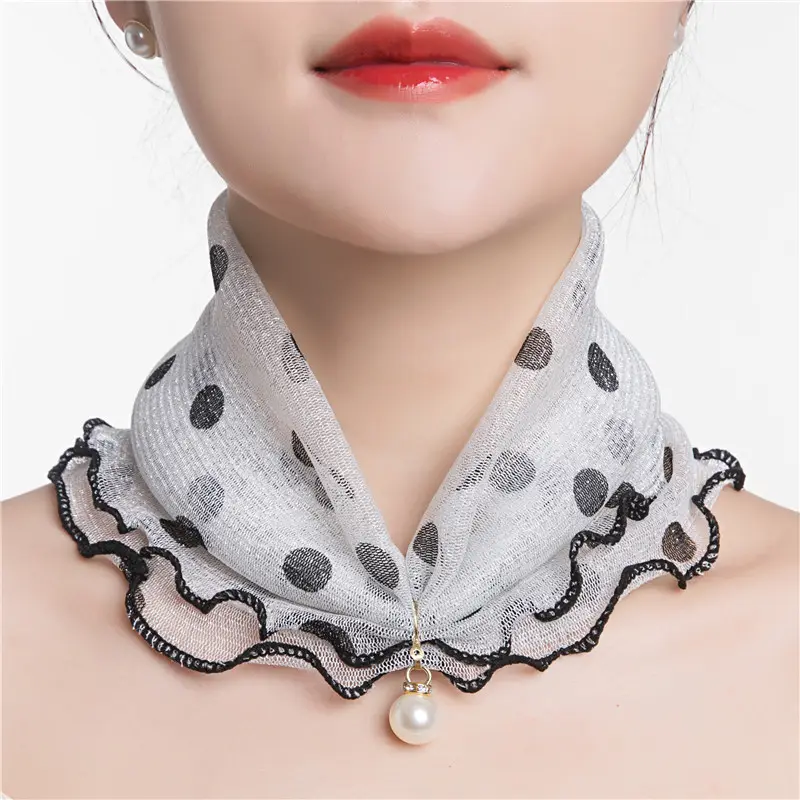 Nouvelle impression de vêtements de décoration, enveloppe de cou, dentelle d'été, pendentif de perle fine, volants, petites écharpes en soie pour femmes