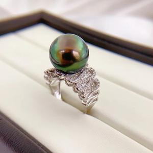 Bague en argent S925 avec perle ronde de 13-12 mm, forte luminosité, vert paon, boîte cadeau artisanale en or K, vente en gros du fabricant - Product Image 1