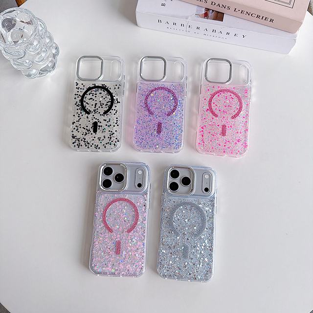 Luxury Glitter Clear Magnetic Mobile Phone Case for iPhone 16 15 14 17 18 Pro Max Shockproof Protection Women Bling Phone Cover