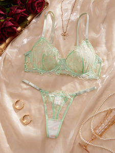 Completo <span class=keywords><strong>Intimo</strong></span> Donna 2 Pezzi XL Verde Ricamo Floreale in Rete Trasparente con Perizoma e Reggiseno Push-up con Ferretto - Sexy ed <span class=keywords><strong>Elegante</strong></span> - Product Image 3