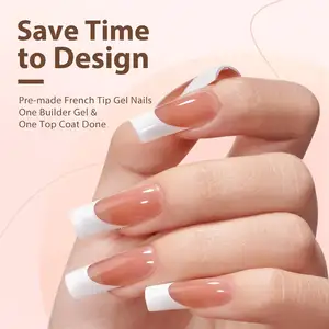 Long Press on Nails Square French Fake Nails White Tip Acrylic Full Cover False Nail with Minimalist Design Glossy Glue on
