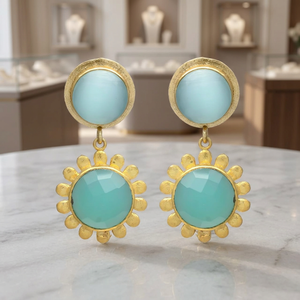 Pendientes de Gema de Calcedonia Aqua Doble, Recién Llegados, Aleación de Metal Precioso, Chapados en Oro, Estilo Étnico Jaipur, para Compromiso y Boda - Product Image 3