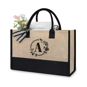 व्यक्तिगत रूप से कस्टम पत्र शादी के उपहार बैग अतिरिक्त बड़े शॉपिंग प्राकृतिक बर्लेप जूट बैग ले जाना