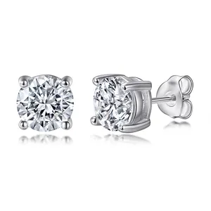 Simple Earring Accessory Jewelry Round Brilliant Cut 7.0mm Prong Setting Pure Silver Earring Studs for Women