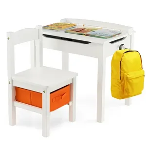 שולחן ילדים וילד שולחן עבודה מחקר פעילות עץ עם וו מגירת אחסון לבן