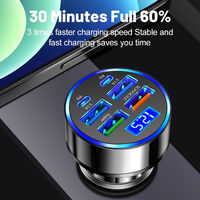 Cargador de Coche Eléctrico 6 en 1 PD Tipo C de 6 Puertos con Pantalla Digital Adaptador de Carga Rápida USB para Teléfono Móvil