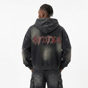 Sweat à capuche zippé personnalisé en coton épais 100% délavé à l'acide pour homme, avec croix en strass, style gothique Y2K vintage streetwear - Product Image 2