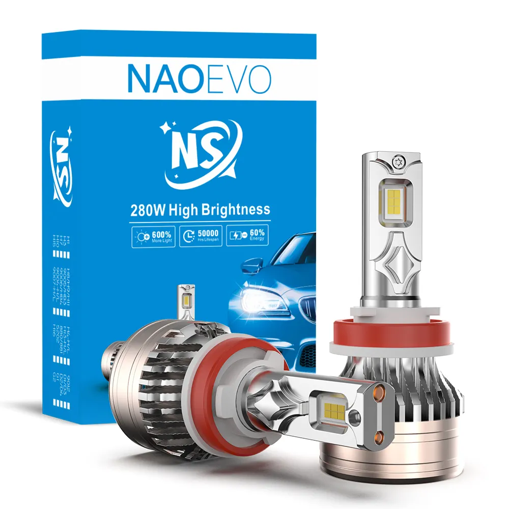 NAOEVO 280w 50000lm NS 9006 램프 양면 9005 D학위 CSP 교체 전구 높은 H8 낮은 6000k 빔 화이트 렌즈 헤드 라이트 주도 H4