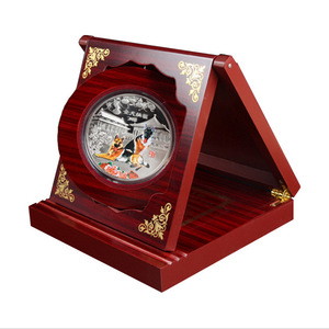 Wooden Display <b>Box</b> For Commemorative Coin 15x15x4cm Square <b>Red</b> With Gold Embossing Gift Packaging - Product Image 3