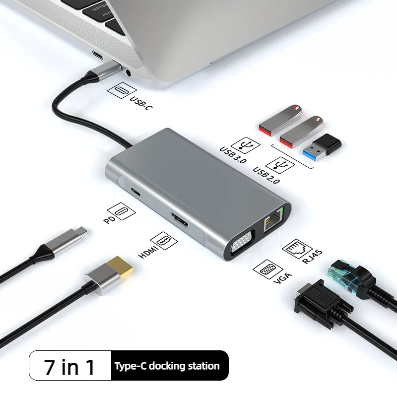 7-in-1 Multi-function Intelligent High Speed usb hub with PD/HD cable port VGA splitter 7 in 1 adapter type c 3.0 usb hub