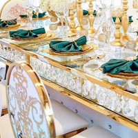 Table de banquet rectangulaire moderne de luxe en acier inoxydable doré en forme de S avec plateau en verre cristal pour événements de mariage