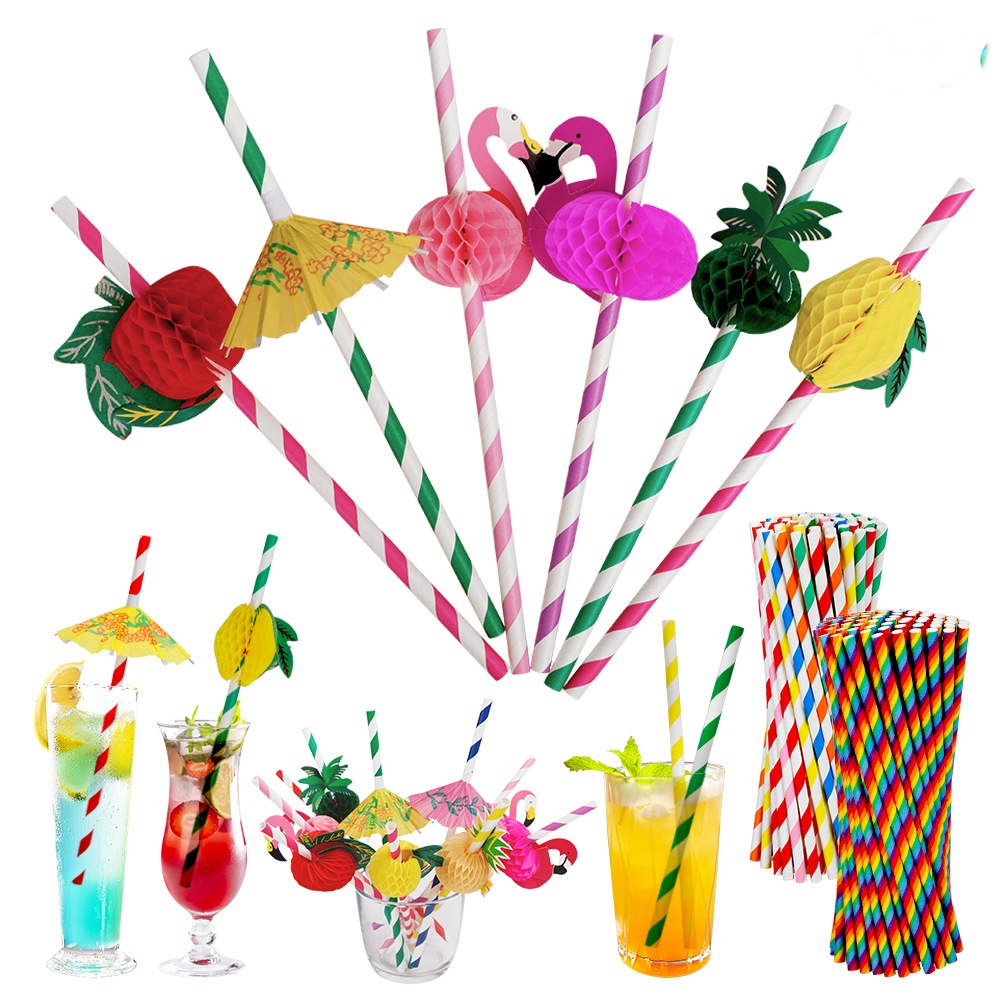 Hawaiian Colorful Honeycomb Flamingo Fruit Paper Straws High Aesthetic Party Decoration Cocktail Valentine's Day Wholesale