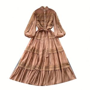 Vestido Midi Casual de Verano con Cuello Mao y Corte A para Mujer, Estilo Túnica Vintage con Retazos, Encaje Hueco y Diseño Digital Ecológico Transpirable - Product Image 5