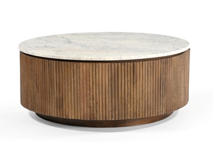 Mesa de Centro Redonda de Madera CNC con Tapa de Mármol Blanco, Nogal Marrón Claro / Madera de Mango con Mármol Blanco / Mármol Blanco - Product Image 4