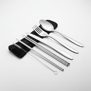 Ensemble de couverts de voyage 6-9 pièces en acier inoxydable, comprenant couteau, fourchette, cuillère, baguettes et pailles métalliques, compatible lave-vaisselle - Product Image 1