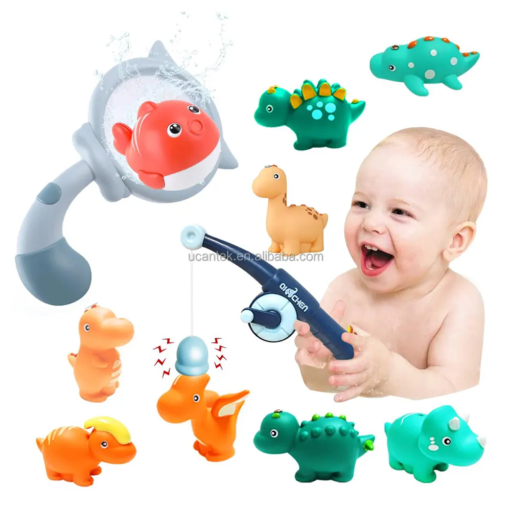 Bayi todler interaktif bak mandi air mainan magnetik permainan memancing dengan mainan tongkat pancing bersih dan 8 dinosaurus