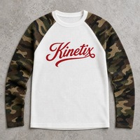 T-shirt thermique en tricot gaufré à manches raglan camouflage, col rond unisexe, streetwear personnalisé à manches longues