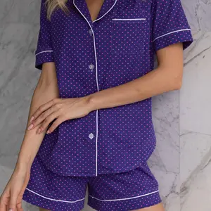 Katoenen Gebreide Button Down Shirts Tweedelige Nachtkleding Set Custom Womens Lounge Nachtkleding Set Korte Mouw Top Boxer Pyjama Sets