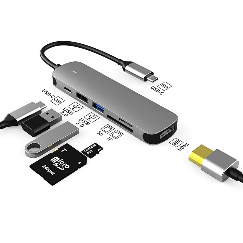 6 Port 3.0 Usb Hub Pengisian Cepat PD HD MI USB3.0 USB2.0 SD TF Model Pribadi Pabrik Usb Tipe C Hub