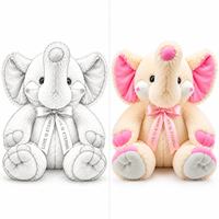 Peluche personnalisée en forme d'éléphant crème avec oreilles roses et nœud en ruban, idéale pour la chambre de bébé, cadeau ou fourniture pour boutique.