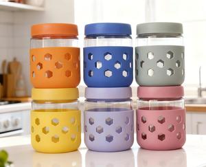 Pot en verre <span class=keywords><strong>de</strong></span> 16 oz pour Overnight Oats avec manchon en silicone, antidérapant, hermétique, <span class=keywords><strong>de</strong></span> qualité alimentaire, pour épices/salades/miel/café/confitures/conserves - Product Image 4