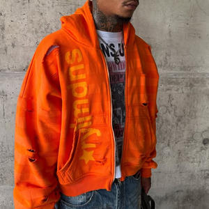 Vintage Distressed Hip Hop Orange Baggy Drop Shoulder Full Zip up Terry 100% Cotton Side <span class=keywords><strong>Kangaroo</strong></span> Pocket Oversized Hoodie Men - Product Image 3