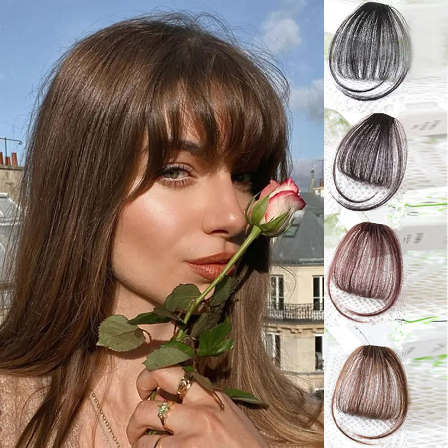 Hairpiecesสําหรับผู้หญิงWispy Bangs Fringeกับวัดขนาดกลางสีน้ําตาลคลิปบนBangs 100% ผมมนุษย์Bangsคลิปต่อผม