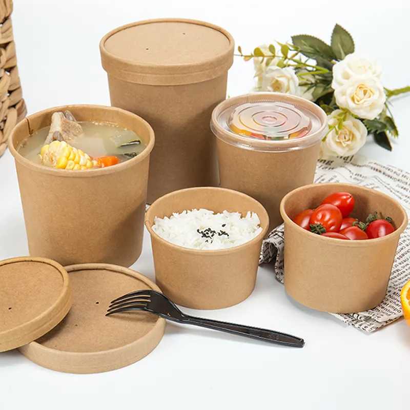 Disposable Kraft Paper Soup Bowls Paper Food Bowl for Hot and Cold Take Away Soup Container With Flat Lid