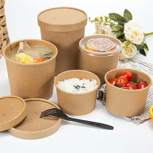 Ciotole per zuppa di carta Kraft usa e getta ciotola per alimenti in carta per contenitore per zuppa da asporto caldo e freddo con coperchio piatto